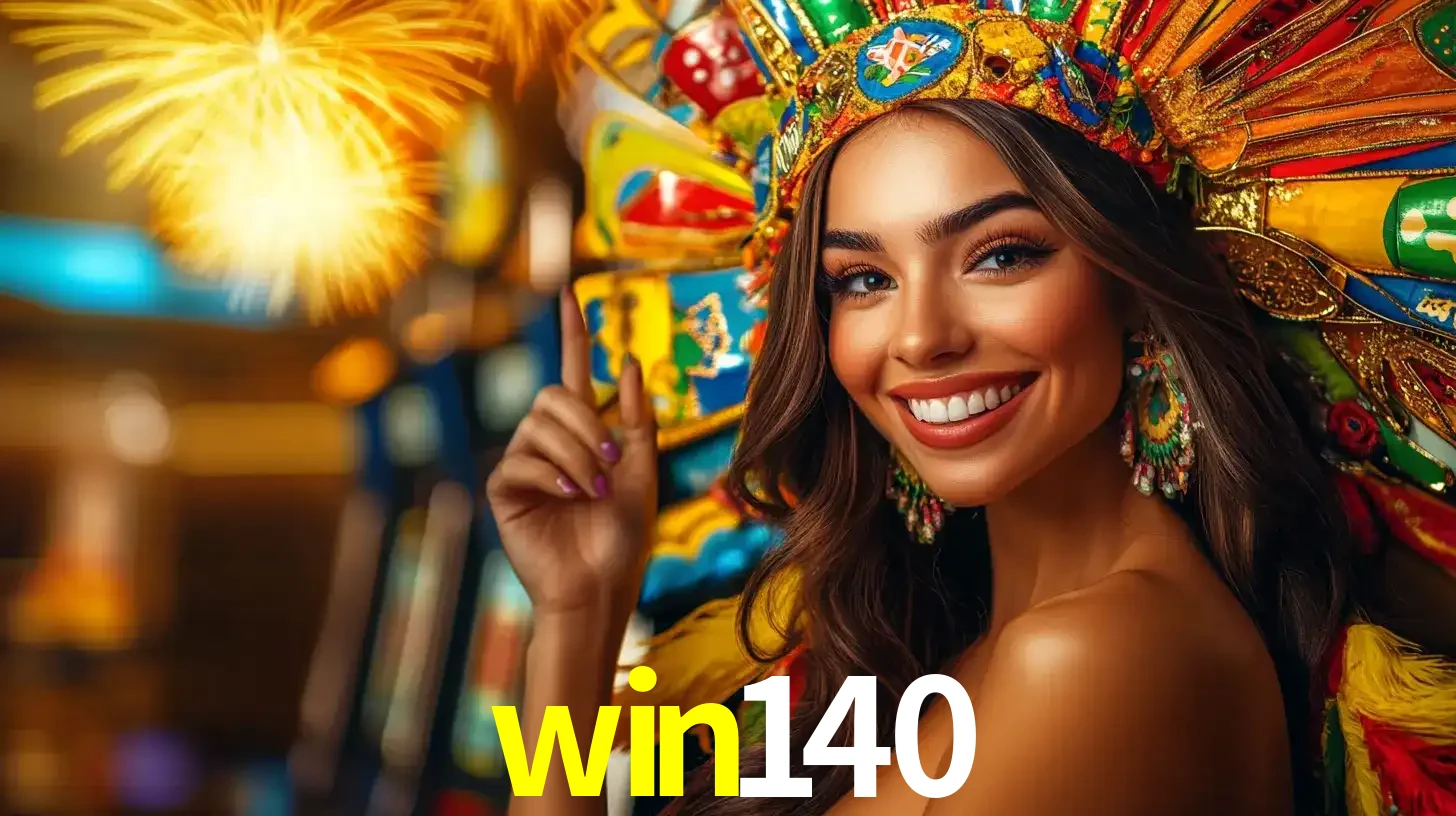 Mulher sorridente com um cocar de carnaval vibrante e colorido, celebrando uma grande vitória nos jogos do cassino win140 com fogos de artifício ao fundo.