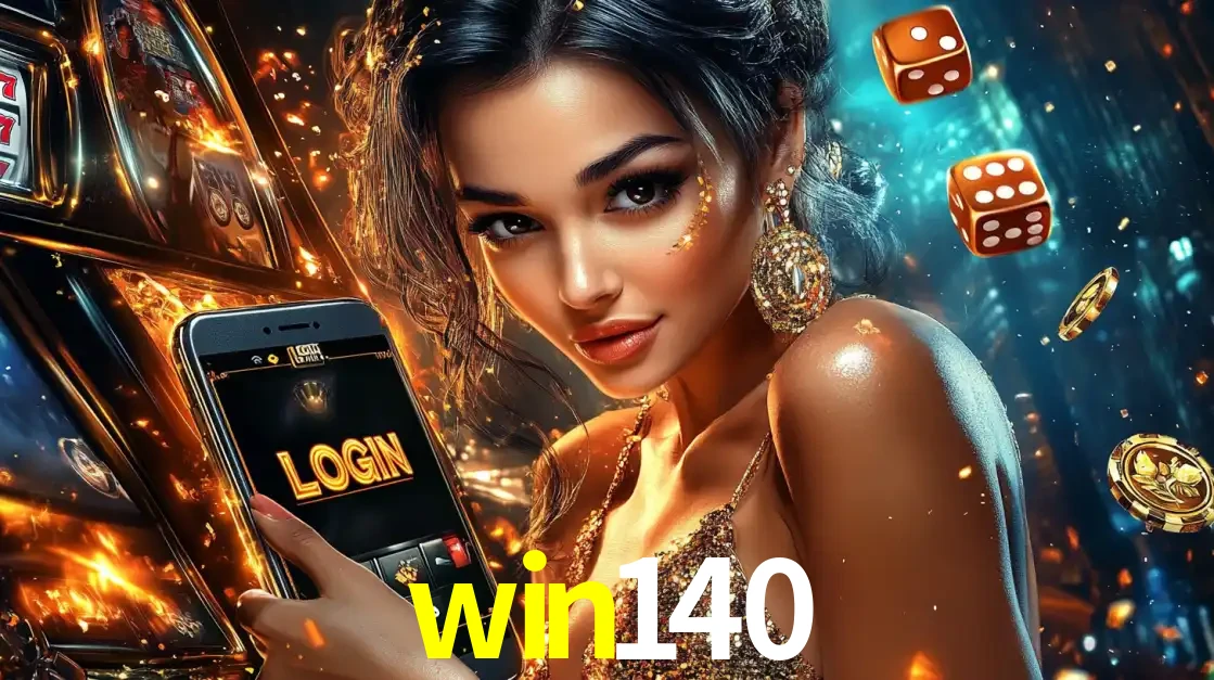 Mulher glamourosa segurando um celular com a tela de login do cassino win140, rodeada por dados e moedas douradas, pronta para começar a diversão.