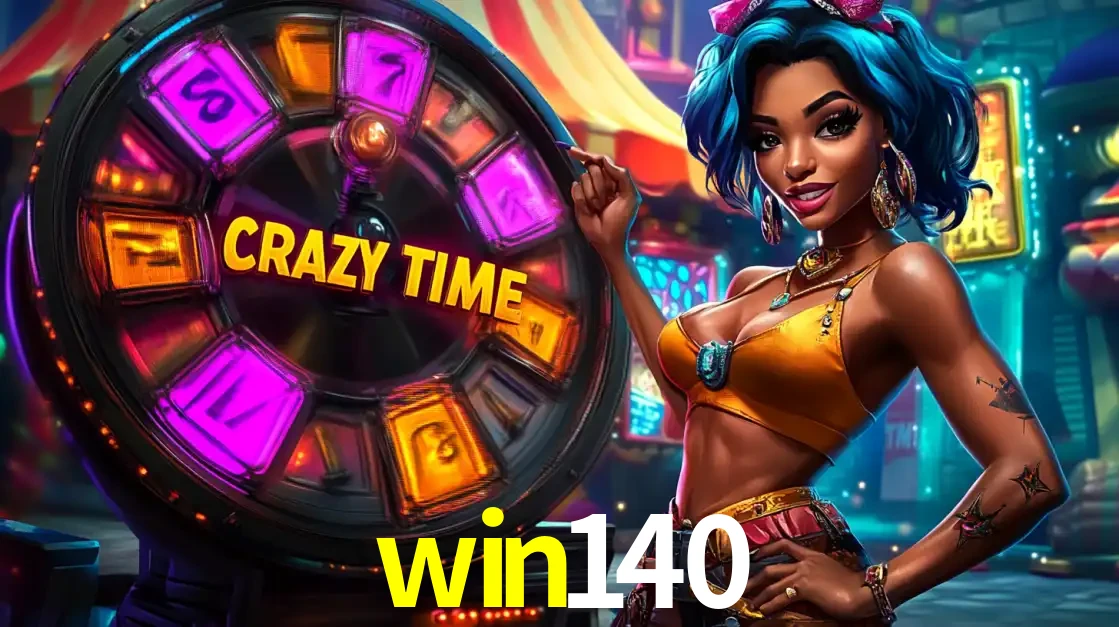 Mulher estilizada com cabelo azul e visual vibrante posando ao lado da roda de prêmios do game show Crazy Time, convidando para a diversão e os bônus do cassino win140.