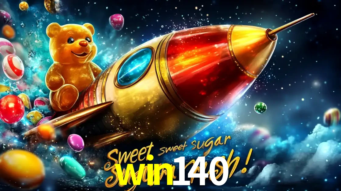 Arte promocional do jogo de slot Sugar Rush, com um urso de pelúcia em um foguete viajando pelo espaço de doces, um dos jogos divertidos disponíveis no cassino win140.
