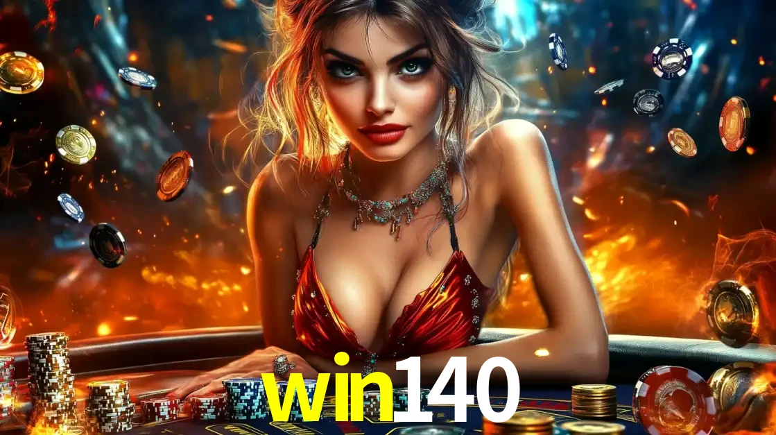 Mulher em uma mesa de cassino com pilhas de fichas e um fundo de fogo, pronta para uma rodada de altas apostas nos jogos de mesa emocionantes do cassino win140.