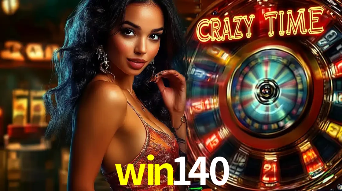 Mulher elegante ao lado da vibrante roda da fortuna do jogo de cassino ao vivo Crazy Time, um dos game shows mais populares e cheios de prêmios do win140.